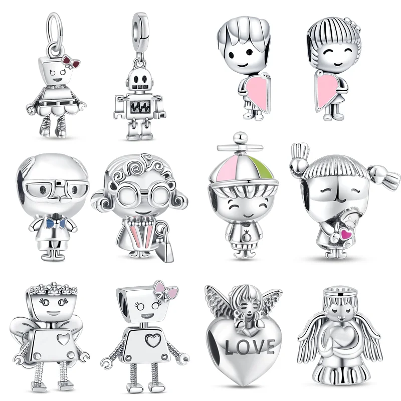 

New 925 Sterling Silver Young Boy Love Girl Robot Angel Heart Sweet Beads Fit Pandora Charms Original Bracelet Fine Jewelry Gift