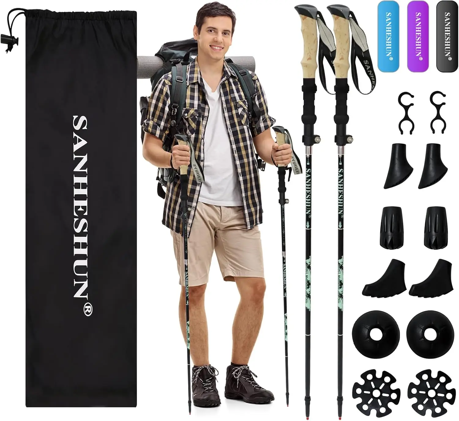 

Комплект из 2 треккинговых палок — легкий алюминиевый, противоударный, быстрый откидной замок, регулируемый 108–128 см, пробковая ручка из ЭВА — для