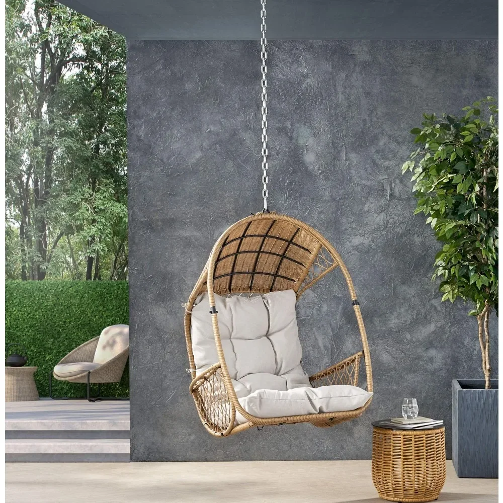 Sidney Outdoor/Indoor Wicker Hanging Chair with 8 Foot Chain (NO Stand), Light Brown and Beige