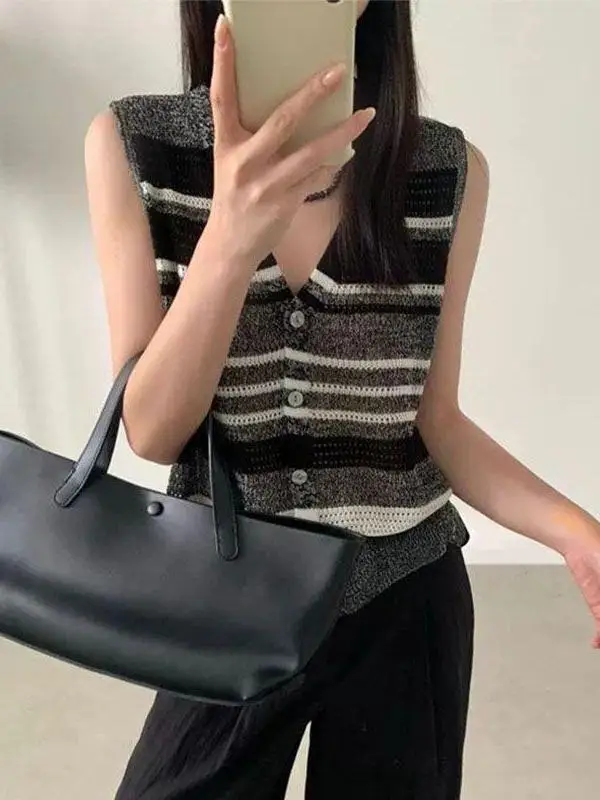 Korean Striped Sleeveless Knitted Open Cardigan Vest Women's Summer High-End Feeling Layered Outerwear Shoulder Bared Vest