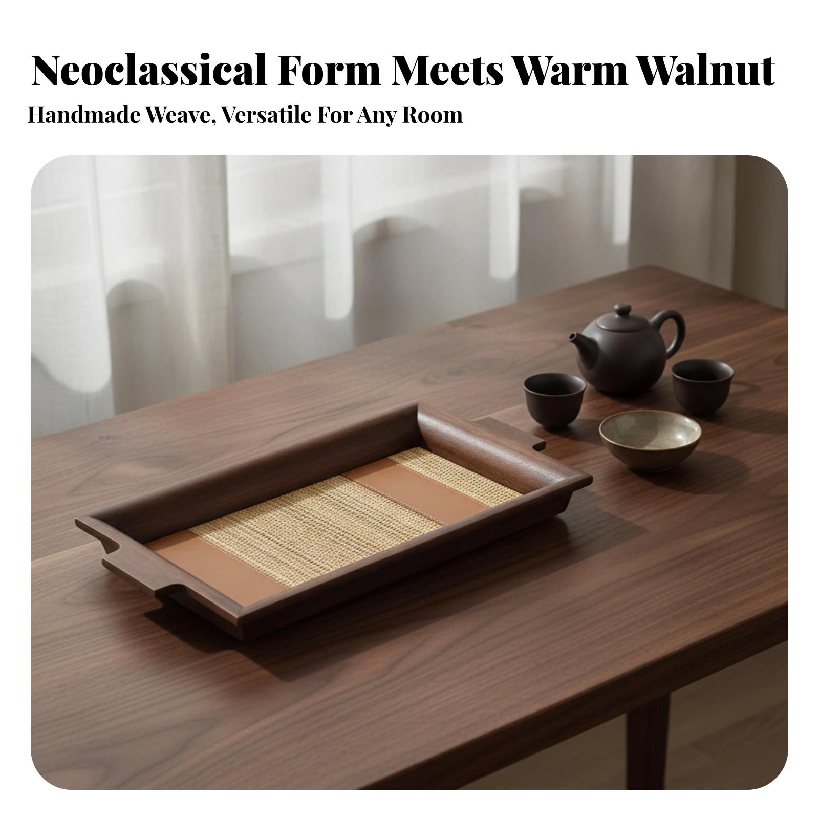 Wooden Tray with Woven Base Multi-Purpose Serving Tray with Handles Rustic Lightweight for Hosts, Coffee Table, Living Room