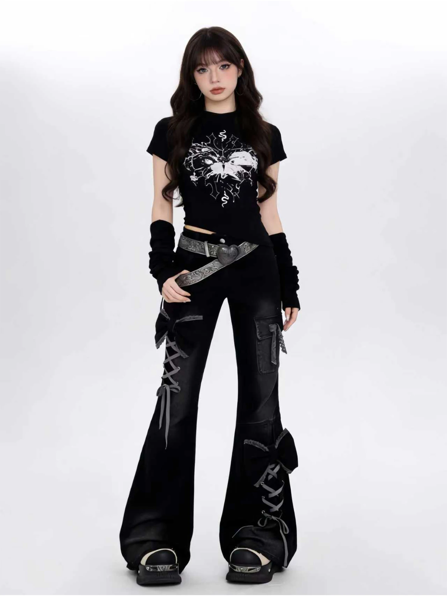Women Black Gothic Emo Y2k Baggy Bow Lace Up Flare Jeans Japandi Style Vintage Oversize Wide Jean Pants Harajuku Denim Trousers