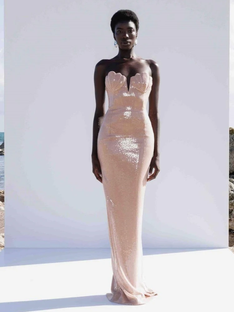 

Sexy Strapless V Neck Shiny Sequin Long Dress Women Sleeveless Backless Sequins Slim Dresses Evening Party Cocktail Gowns