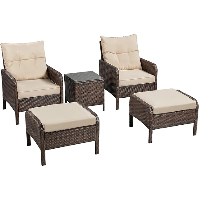 

Patio Conversation Bistro Set 5 Pieces Outdoor PE Wicker Rattan Sofa All Weather Cushioned Chairs and Ottomans With Coffee Table