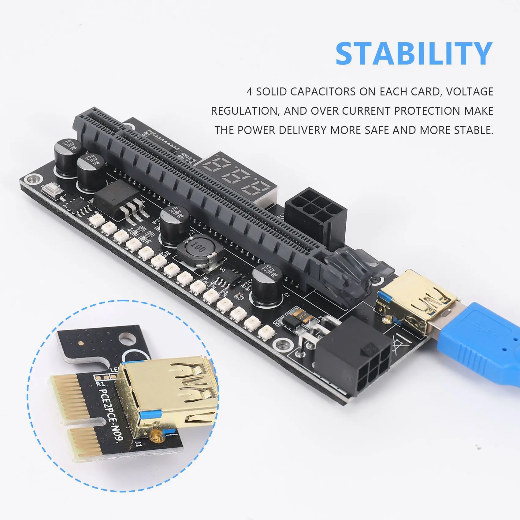 1 peça placa de extensão gráfica pcie riser 1x a 16x com display de medidor digital 3.3v e 3528 led colorido para mineração btc