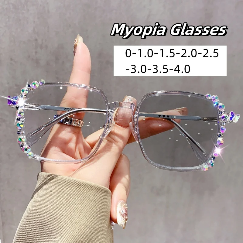 

Anti Blue Light Color Changing Myopia Eyewear Ultra Light Diamond Near Sight Eyeglasses Fashion Oversized Frame Goggle To -4.0