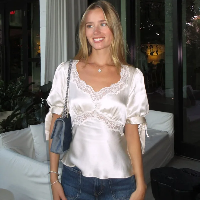 

Tuularose White Lace Tops Women Elegant Satin Lace Bow Lace Up Patchwork New Short Sleeve Top Luxury High Street Chic Female Top