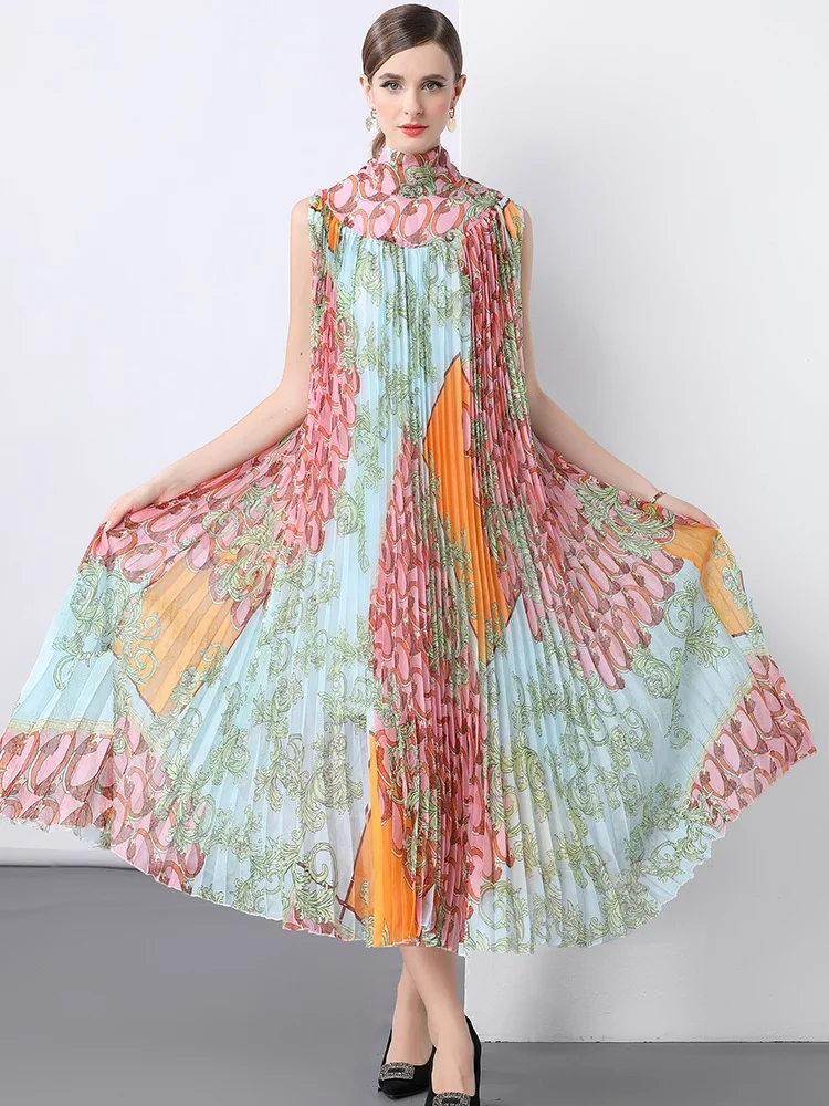 Vestidos de fiesta con estampado de cuello levantado para mujer, vestido largo plisado para fiesta de boda, vestidos de noche de Gala sin mangas de lujo con cinturón