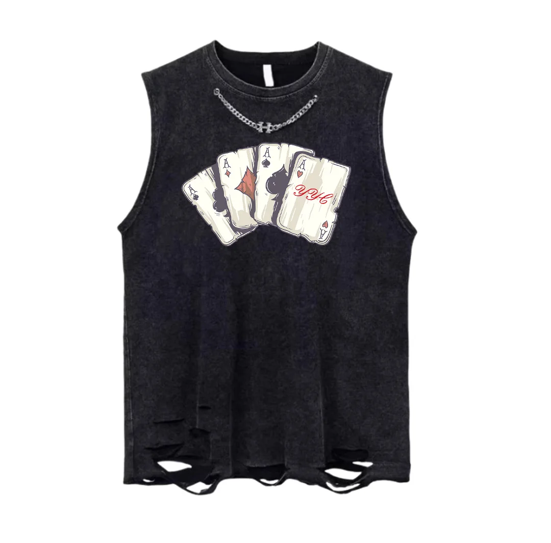 

Y2K Летний новый мужской винтажный покер с принтом черный жилет модная цепочка в полоску дизайн оверсайз хлопковые майки мужская футболка без рукавов