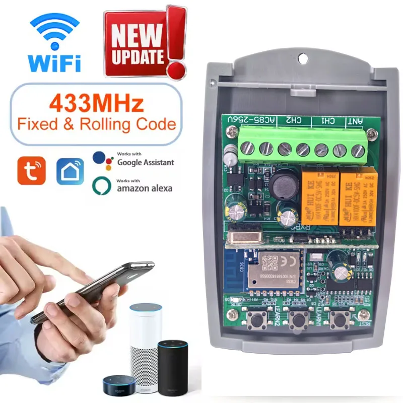 Tuya WIFI Garage Door Opener Gate Receiver 2ch 433mhz 433.92mhz Universal Fixed Rolling Code Multi Brand Controller Switch