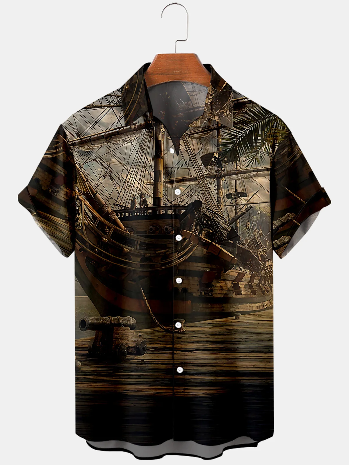 

Summer Men Boat Print Short Sleeve Shirts Blouse Top Casual Hawaiian Lapel Button Shirt Fashion Loose Clothing