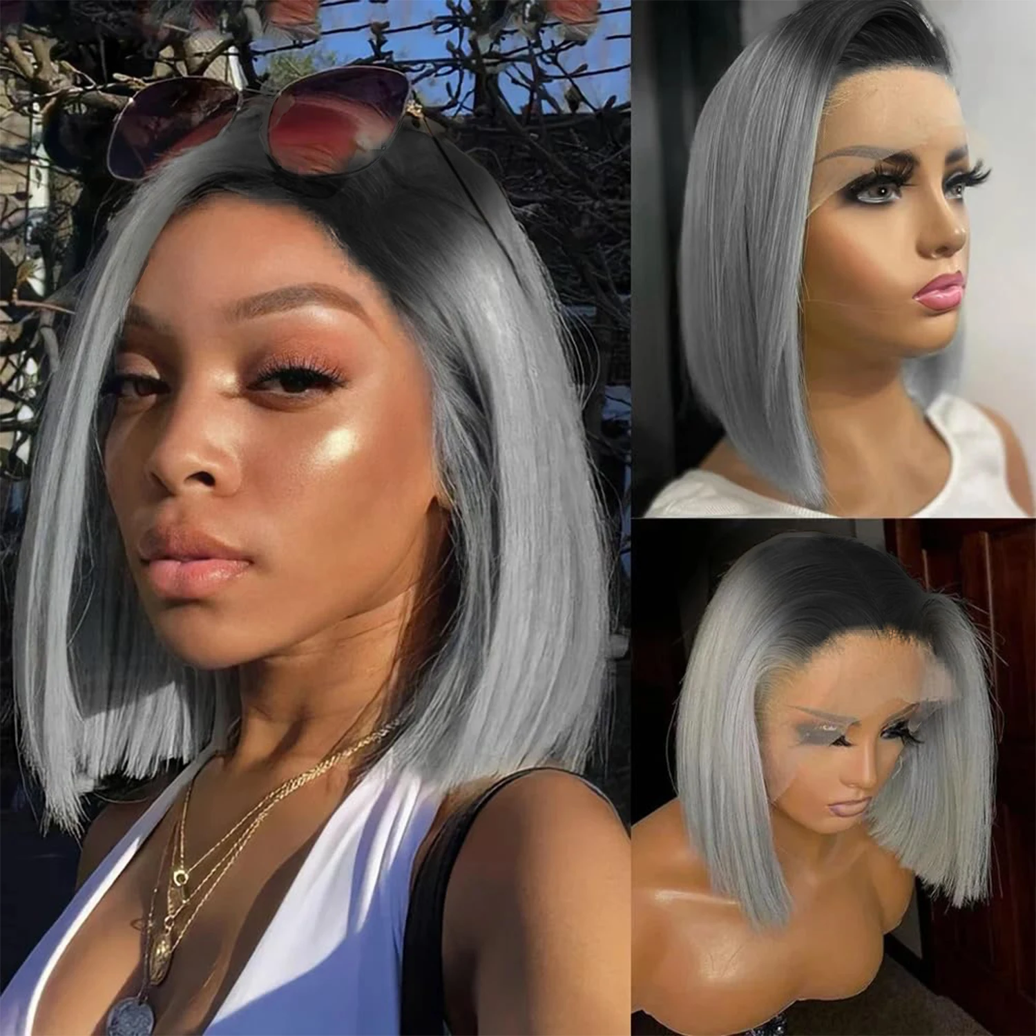 

﻿ 1B/Grey Human Hair Wig 12 Inch Grey Bob Wig Transparent 13x4 Lace Front Bob Blunt Cut Wigs for Women