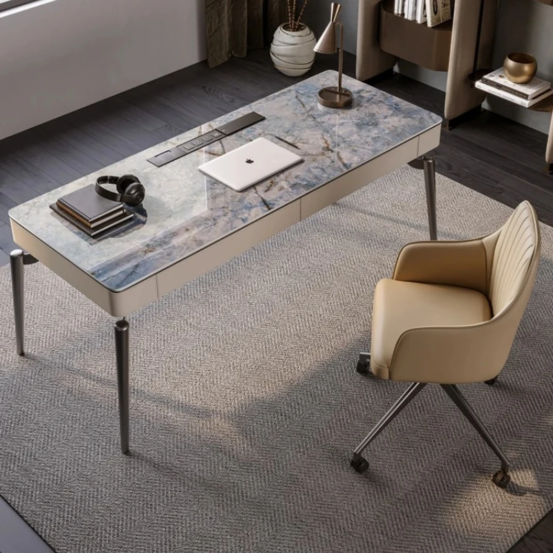 J Light Luxury Desk Stone Plate Home Study Desk Office Computer Desk Designer Napa Leather