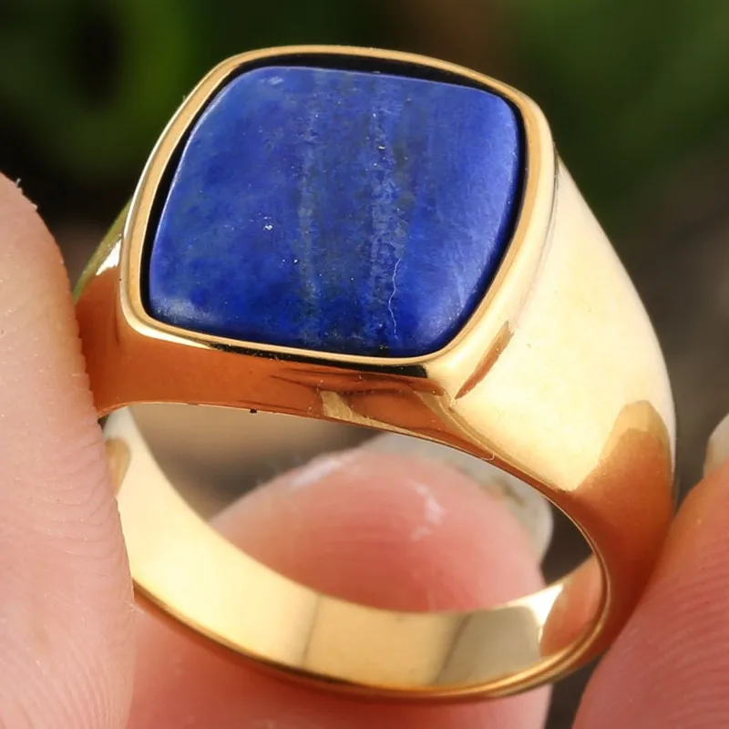 

Мужские кольца из нержавеющей стали с натуральными голубыми бирюзовыми камнями, стильные, с покрытием из 18-каратного золота, лаконичные, мужественные, размеры 7-13
