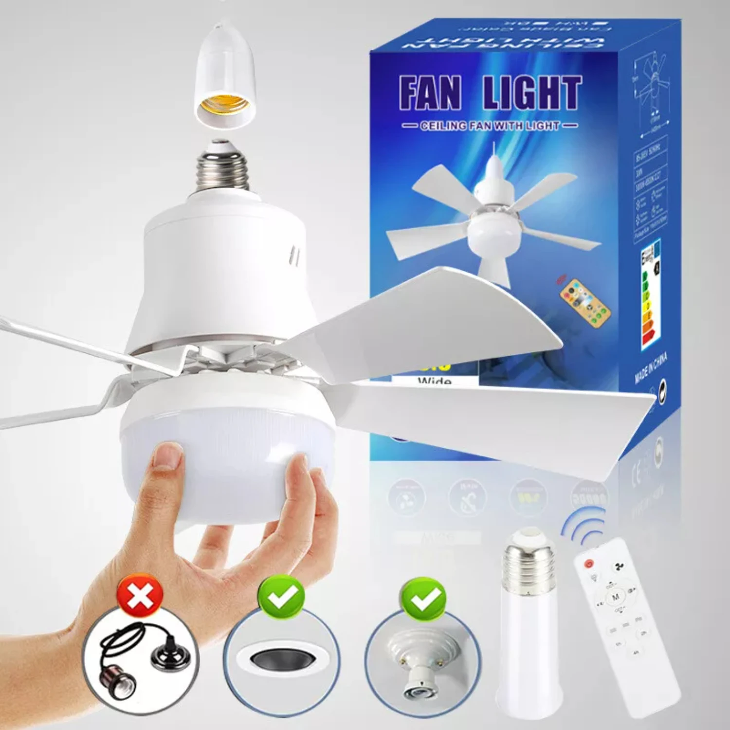 

Large Ceiling Fan E27 Connector Fan 30W w/ Dimmable LED Light Remote Controller