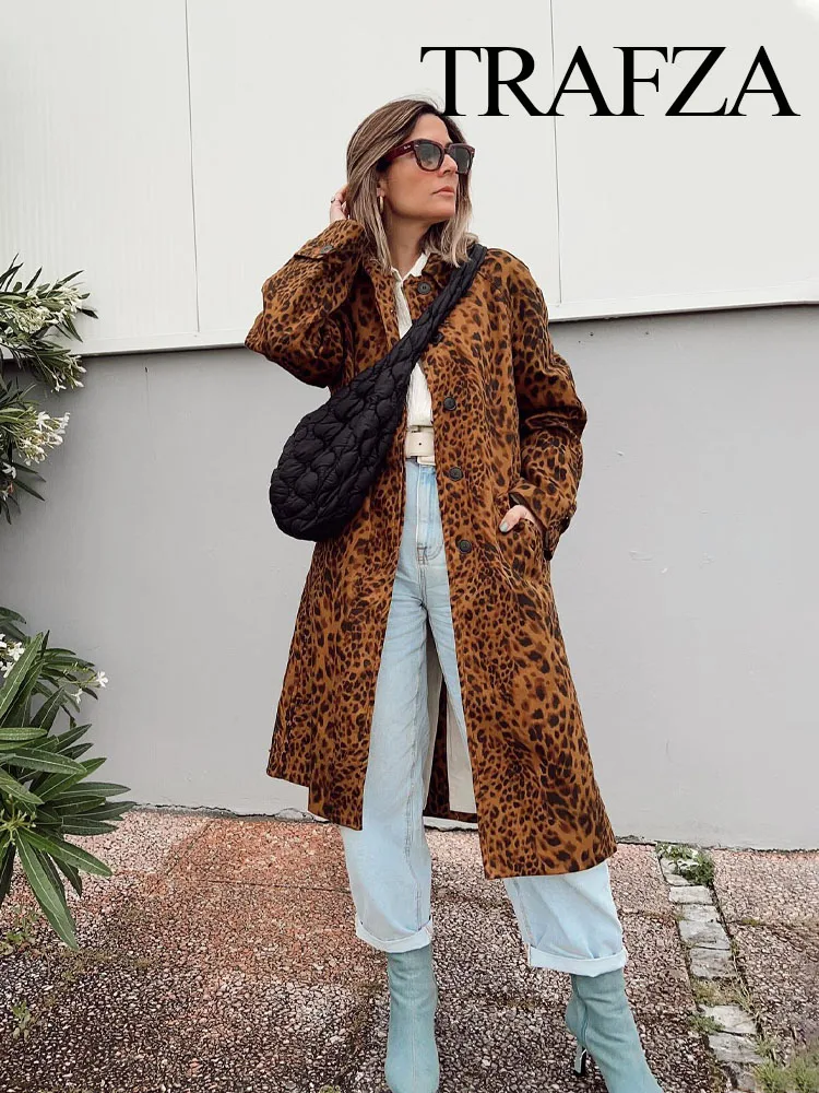 

TRAFZA Women Vintage Leopard Print Lapel Casual Jacket Coat Woman Fashion Long Sleeve Hidden Buckle Pocket Loose Slim Overcoat