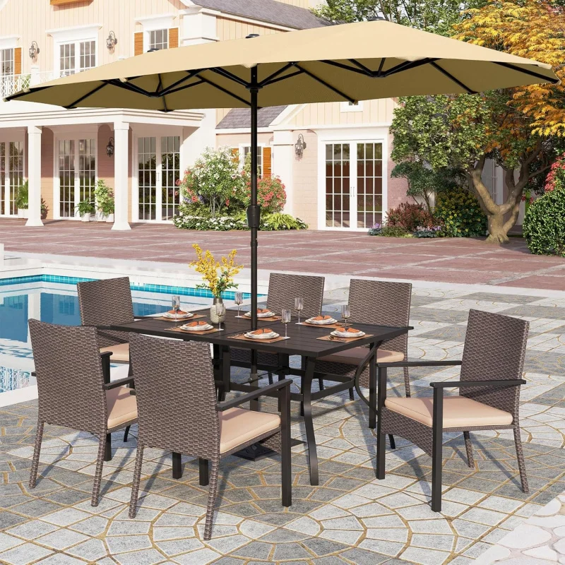 

-Piece Patio Dining Set 6, 60 Metal Iron Table & Cushioned Rattan Chairs/ 13ft Beige, Rust-Resistant Outdoor