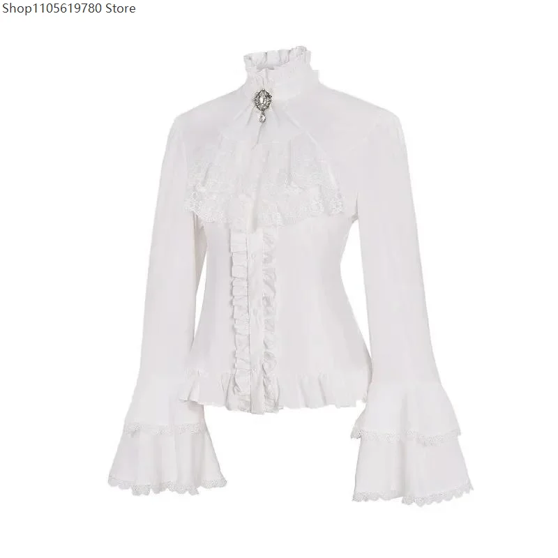 Lolita Lace Shirt Ruffle High Collar Button Up Shirt Long Sleeves Women Gothic Blouse Tops Jabot Tie Halloween Victorian Costume