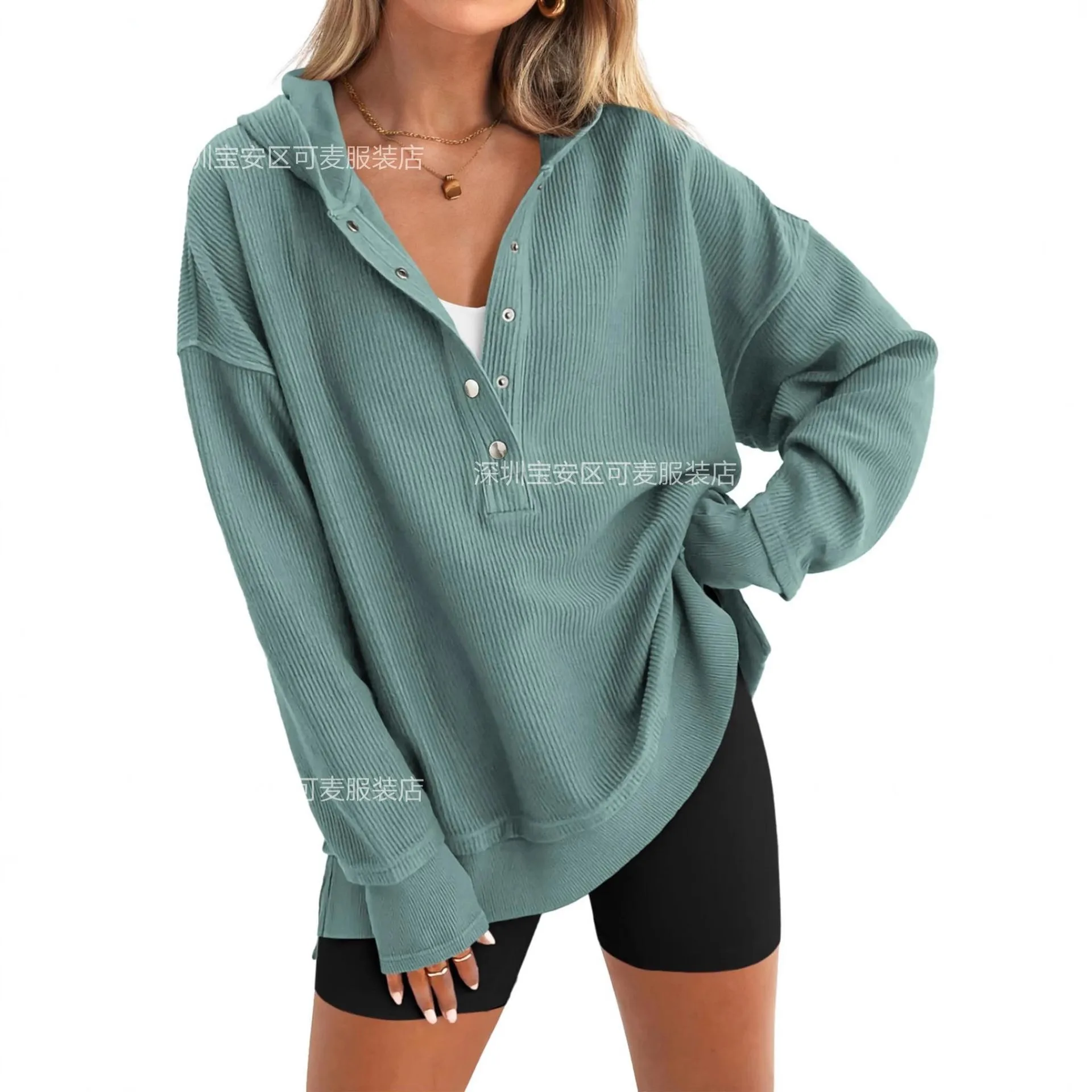 Women Hoodie Oversized Pastel Green Hooded Sweatshirt Long Sleeve Drop Shoulder Navy Blue Sweatshirt Button Beige Pullover