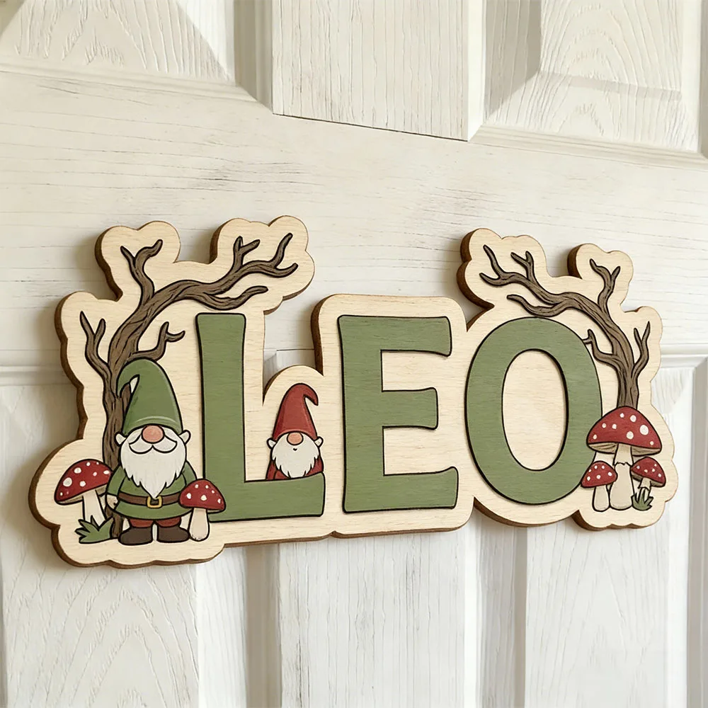 Personalized Gnome & Mushroom Name Sign, Wooden Forest Nursery Decor, Cute Kids Door Plaque, Unique Whimsical Gift