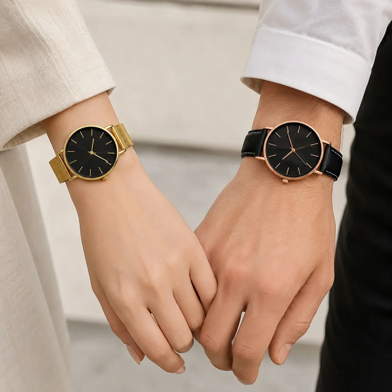Luxury Simple Couple Watches Set 2Pcs Thin Round Dial Mesh Strap & Leather Band Quartz Wristwatches For Men Women Couple Gift