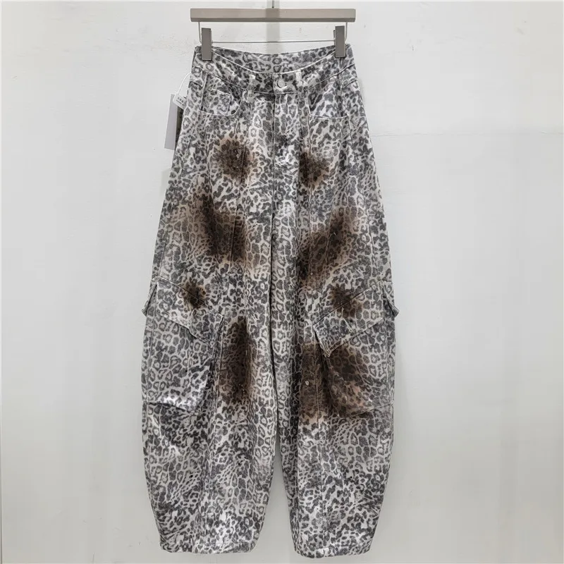 American Retro Distressed Leopard Print Scimitar Jeans, Women's Summer High Street Loose Wide Leg Draped Sickle Pants