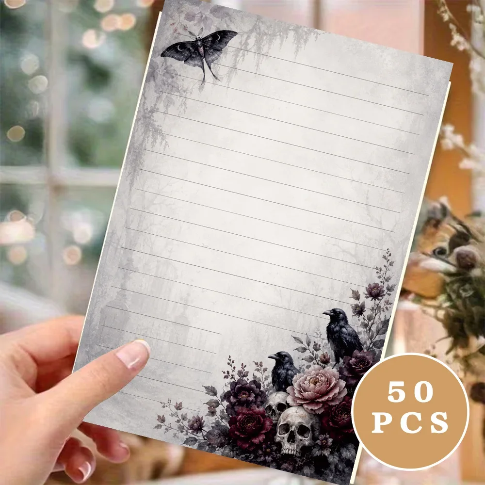 50 Sheets, Dark Gothic Crow Skull-themed Writing Paper, Lined, Glue-free, Perfect For Notebooks, Memos, And Stickers