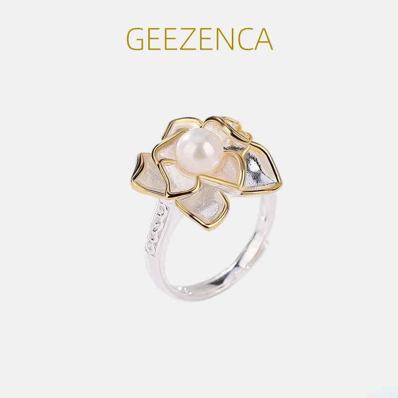 GEEZENCA Natural Freshwater Pearl 925 Silver Two Tone 3D Flower Ring For Women Aesthetic Camellia Chic Rings 2023 New Party Gift