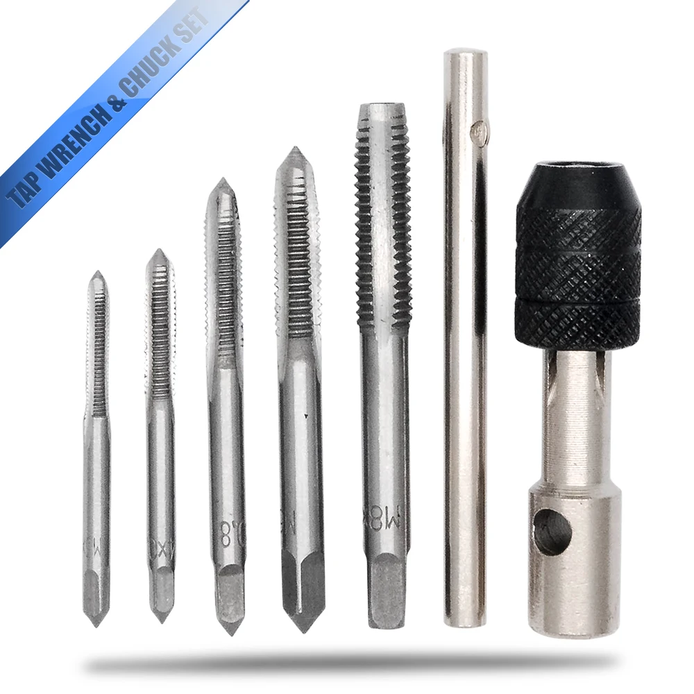 5Pcs Screws Thread Tap Drill Bit HSS Metric Plug Hand Tapper Set M3/M4/M5/M6/M8 +M3-M8 Wrench for Wood Metal Aluminum Processing