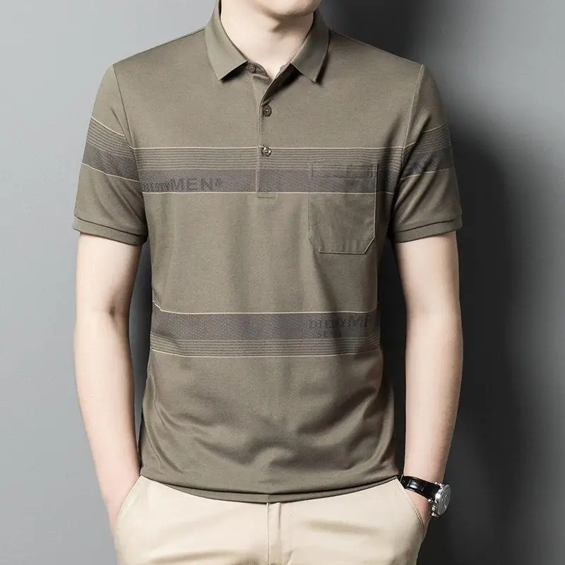 

Loose Short Sleeve Shirt with Pocket for Dad Business Casual Cotton T-Shirt Turn-down Collar Summer Wear for Middle-aged...