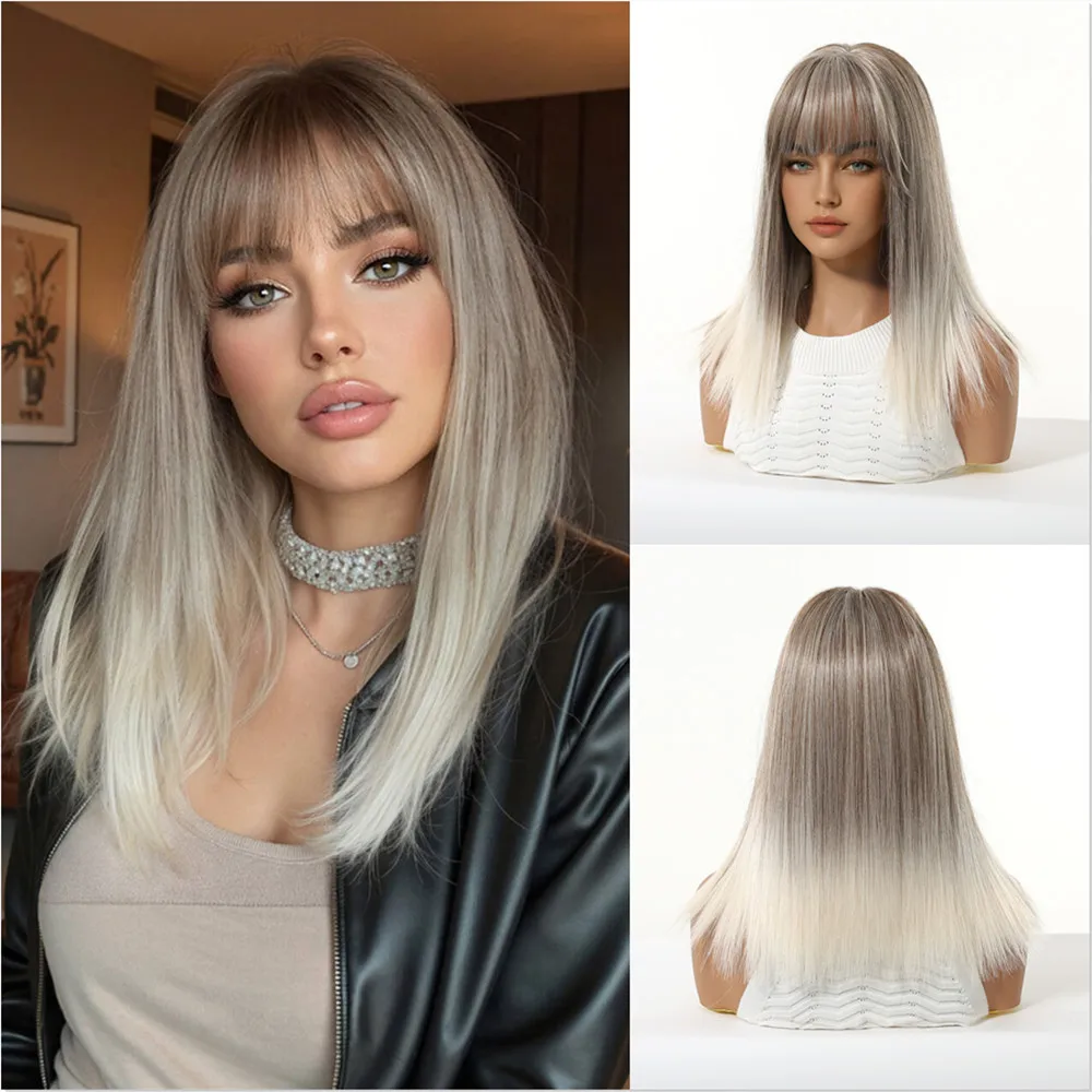 ALAN EATON Gray Blonde Synthetic Wigs with Bangs Medium Length Straight Fake Hair for Women Natural Ombre Wig Heat Resistant