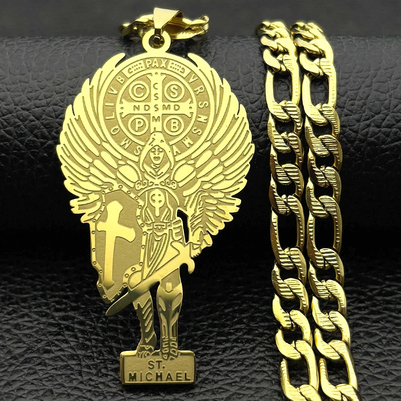 Collar con cruz de acero inoxidable del Arcángel San Miguel para mujeres y hombres, collares con colgante de Benedict de Color dorado, joyería de amuleto