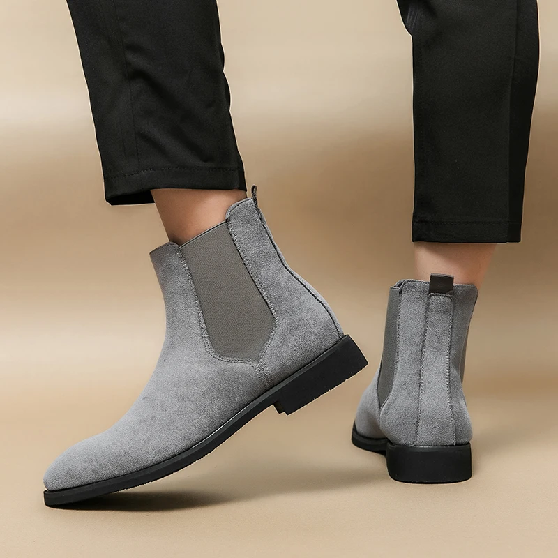Plus Size 48 Classic Gray Men Chelsea Boots Comfort Suede Leather Shoes Men Dress Shoes Pointed Slip-on Men Black Ankle Boots