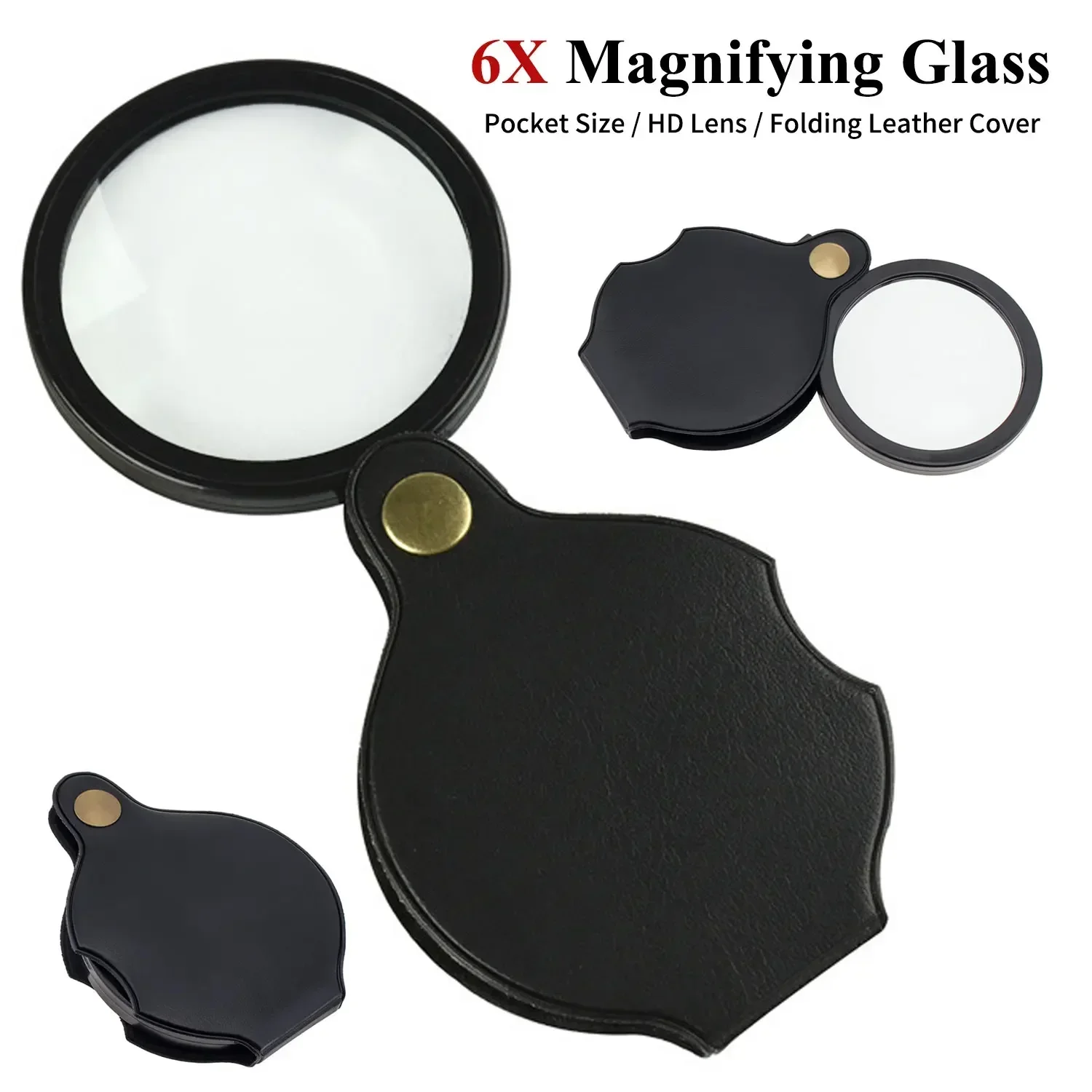 

6X Mini Pocket Magnifying Glass Folding Magnifier Loupe with Rotating Leather Pouch for Seniors Reading Student Science Class