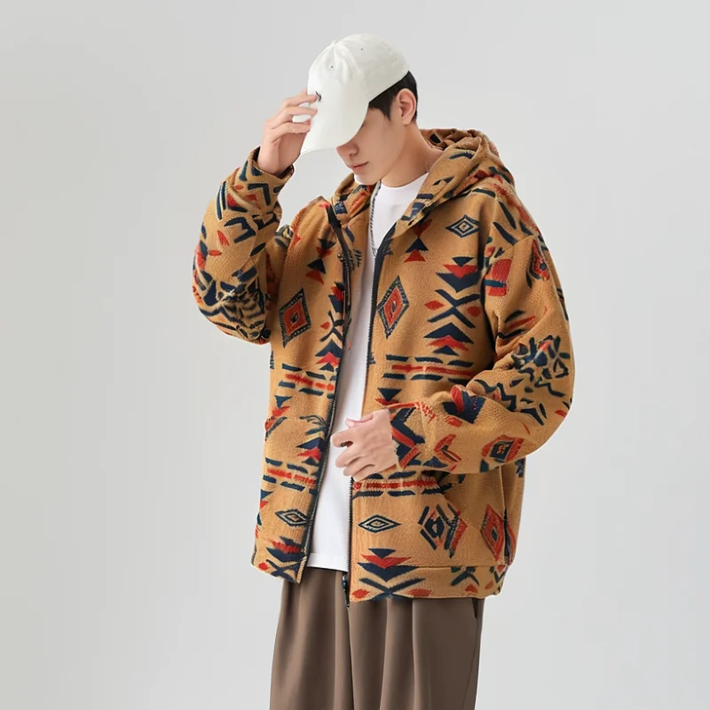 

Contrasting Color Geometric Long-sleeved Ethnic Style Cardigan Hooded Pullover Men's Loose Sweatshirt Jacket