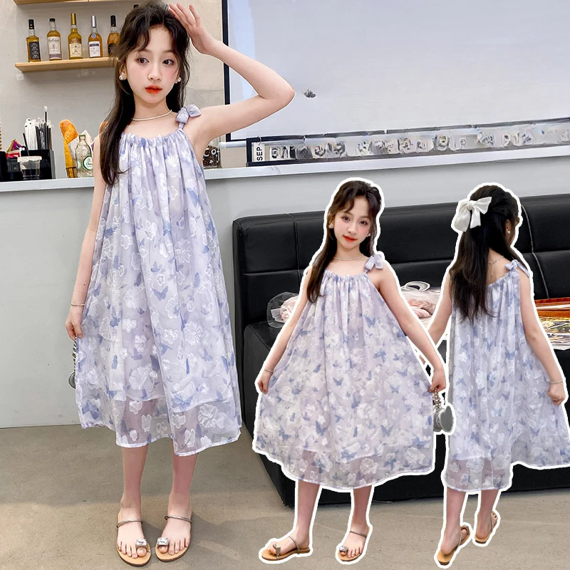 

Girls Summer Skirt 2024 New Long Dress Summer Style Children Slip Dress Girls Summer Dress Floral Simple Casual Skirt Clothes