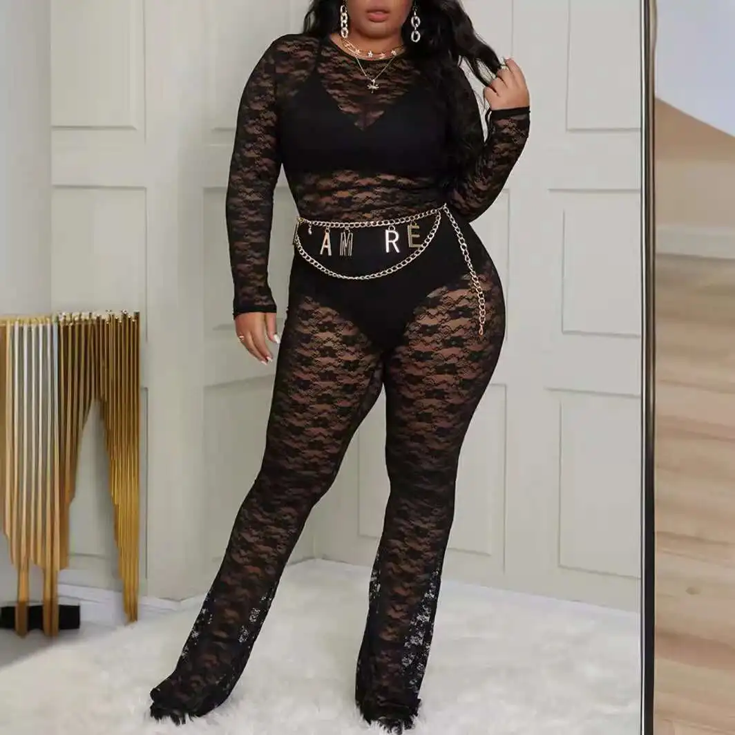 

New platform lace nightclub sexy perspective flared pants large Jumpsuit
