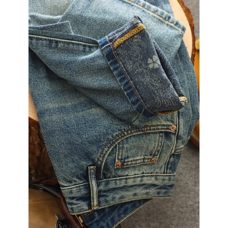 Pantalones vaqueros con parches rasgados retro, informales y geniales, a la moda, estilo coreano, pantalones nostálgicos de calle sueltos de pierna recta para hombre