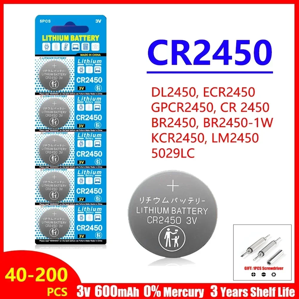 40-200PCS CR2450 3V Lithium Battery DL2450 BR2450 LM2450 KCR5029 For Toy Car Key Remote Control Watch LED Light Button Coin Cell