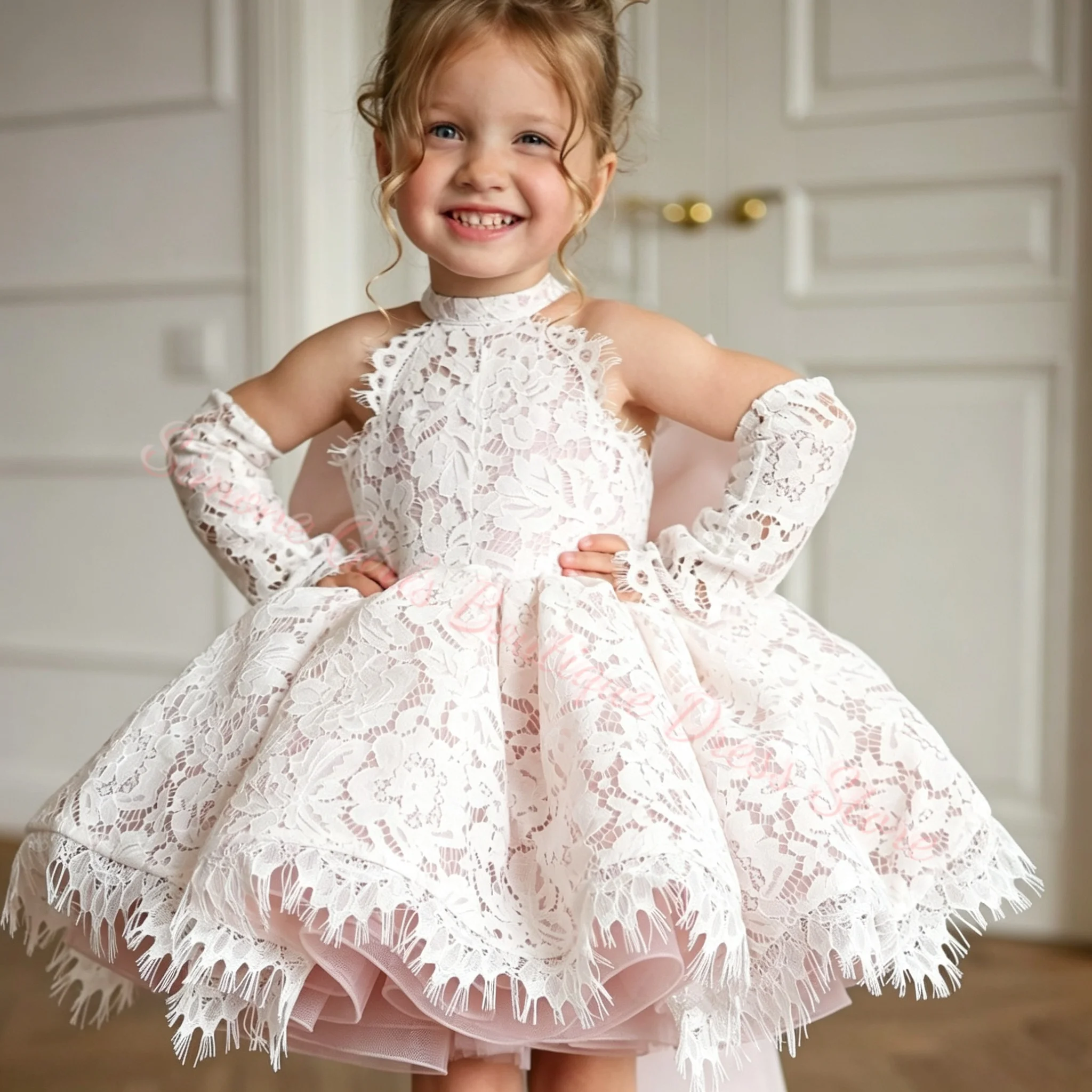Elegant Flower Girl Dress For Wedding Lace Applique With Bow Princess Customized Birthday Party First Communion Ball Gowns