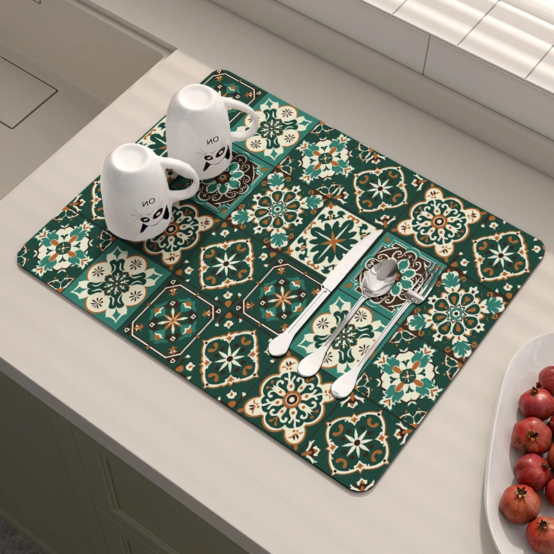 VIKAMA Kitchen Drain Mat Cream Red Floral Border Print Kitchen Counter Mat Highly Absorbent Fast Drying Anti Skid Flexible