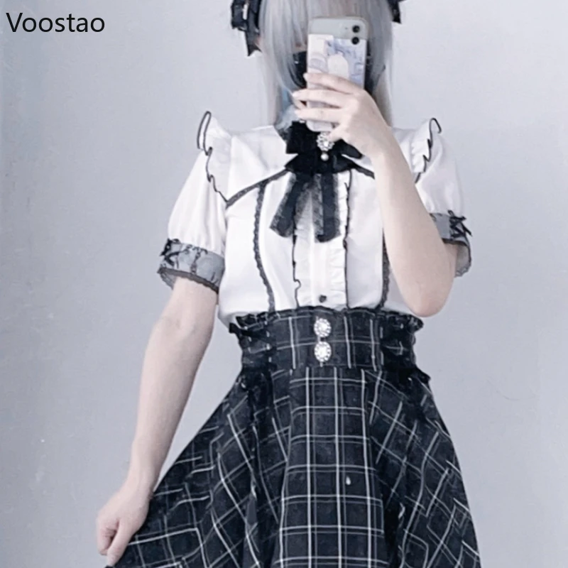 Kawaii Lolita Women Shirts Y2k Japanese Style Blouse Elegant Bow Lace Patchwork Sweet Tops Casual Office Ladies Aesthetic Shirt