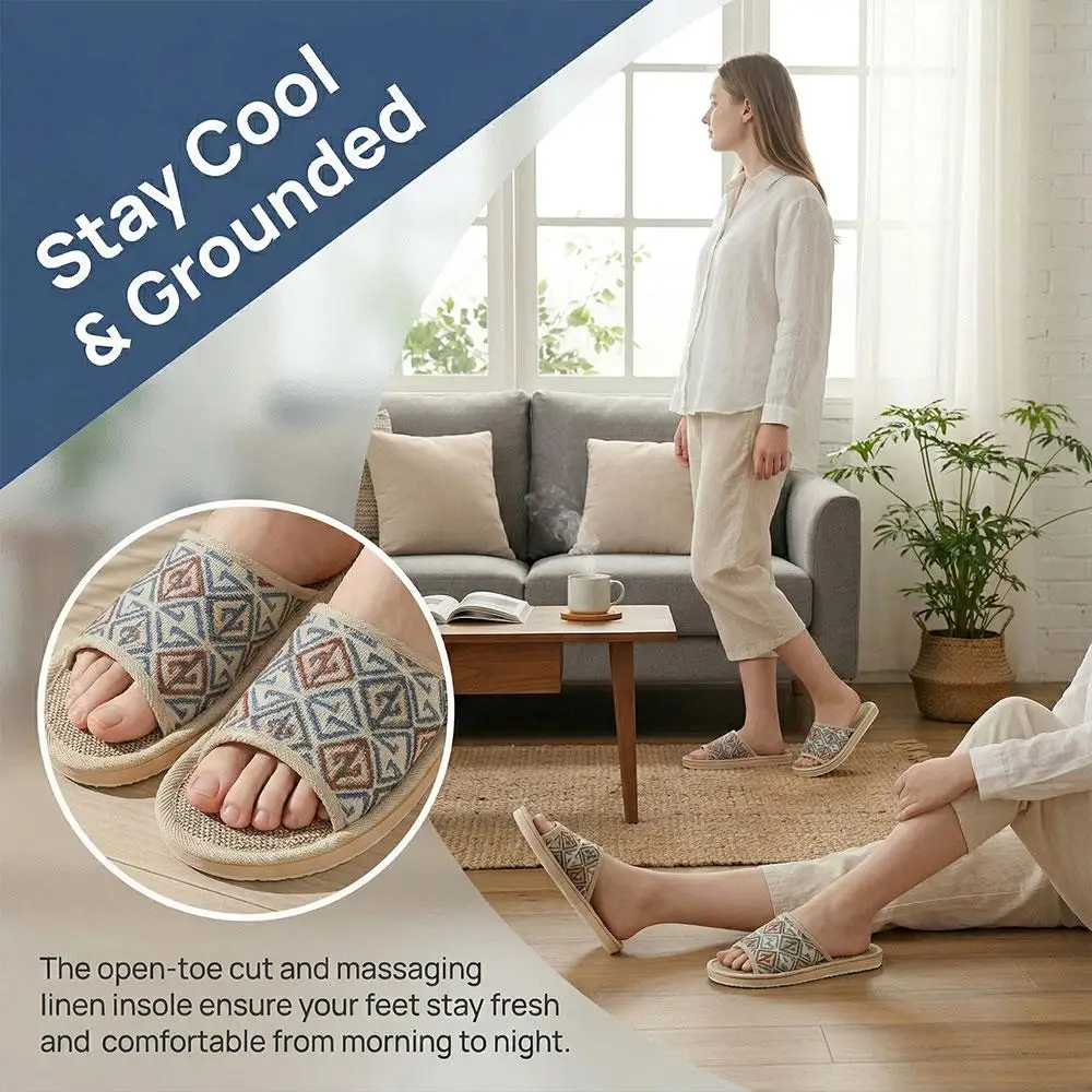 Cotton Linen Indoor Slippers Geometric House Slippers Breathable Non Slip Home Floor Slippers for Men Women Couple