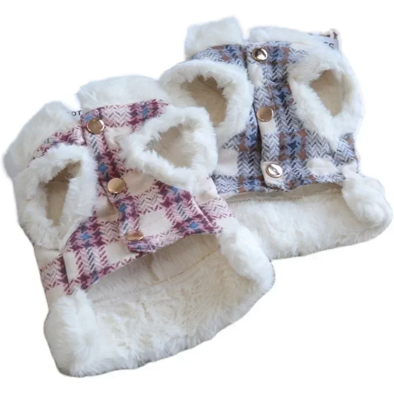 Plaid Cotton Coat Jacket Pet Dog Clothes Velvet Traction Rope Dogs Clothing Cat Small Print Cute Autumn Winter Girl Chihuahua