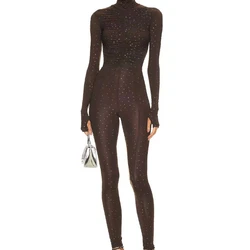 2024 Black Diamonds Zipper Ruched Tight Stretchy Long Sleeve Jumpsuit Sexy Bodycon Women Outfit