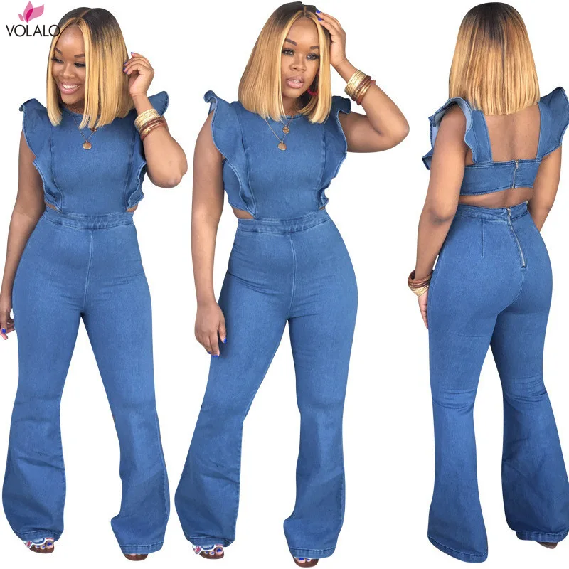 

VOLALO 2024 Butterfly Bell Wide Leg Bodycon Denim Jumpsuit Casual Rompers Back Lace Up Fashion Trends Jumpsuits Overalls