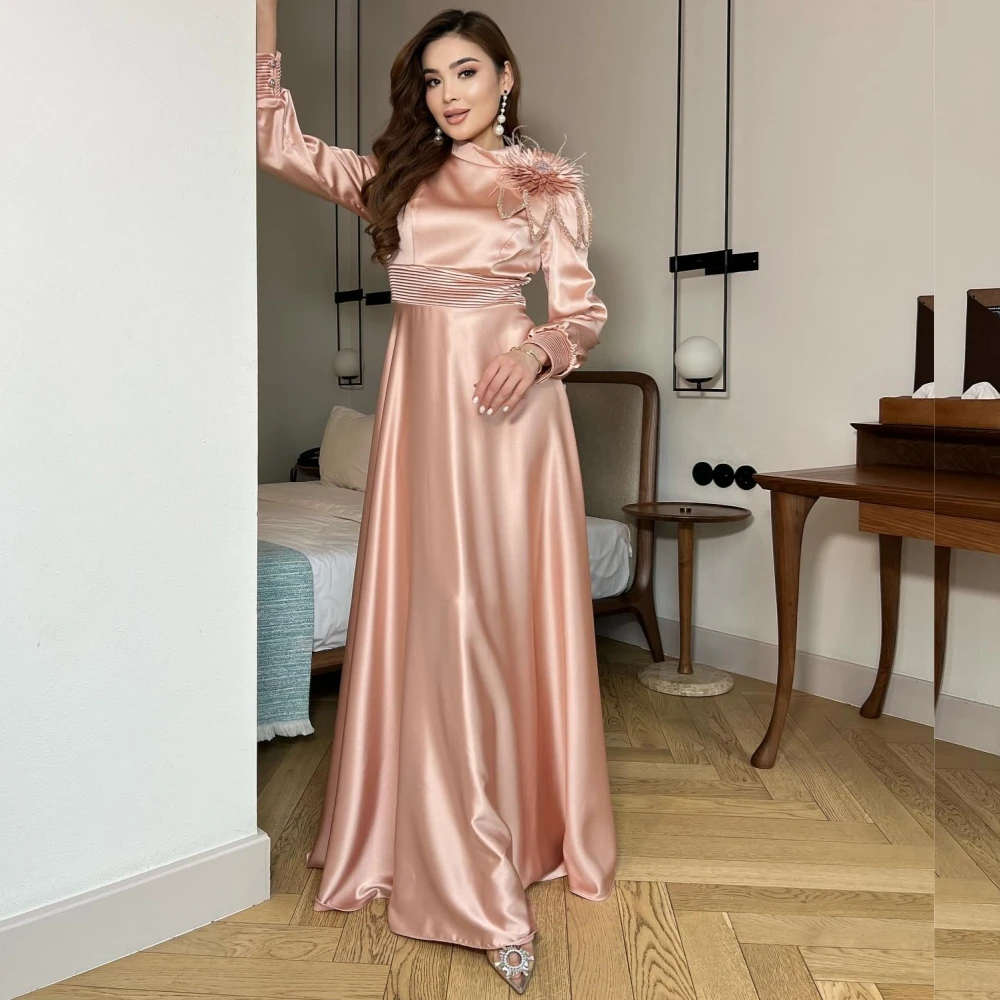 Customized Satin Flower Feather Party A-line High Collar Bespoke Occasion Gown Long Dresses