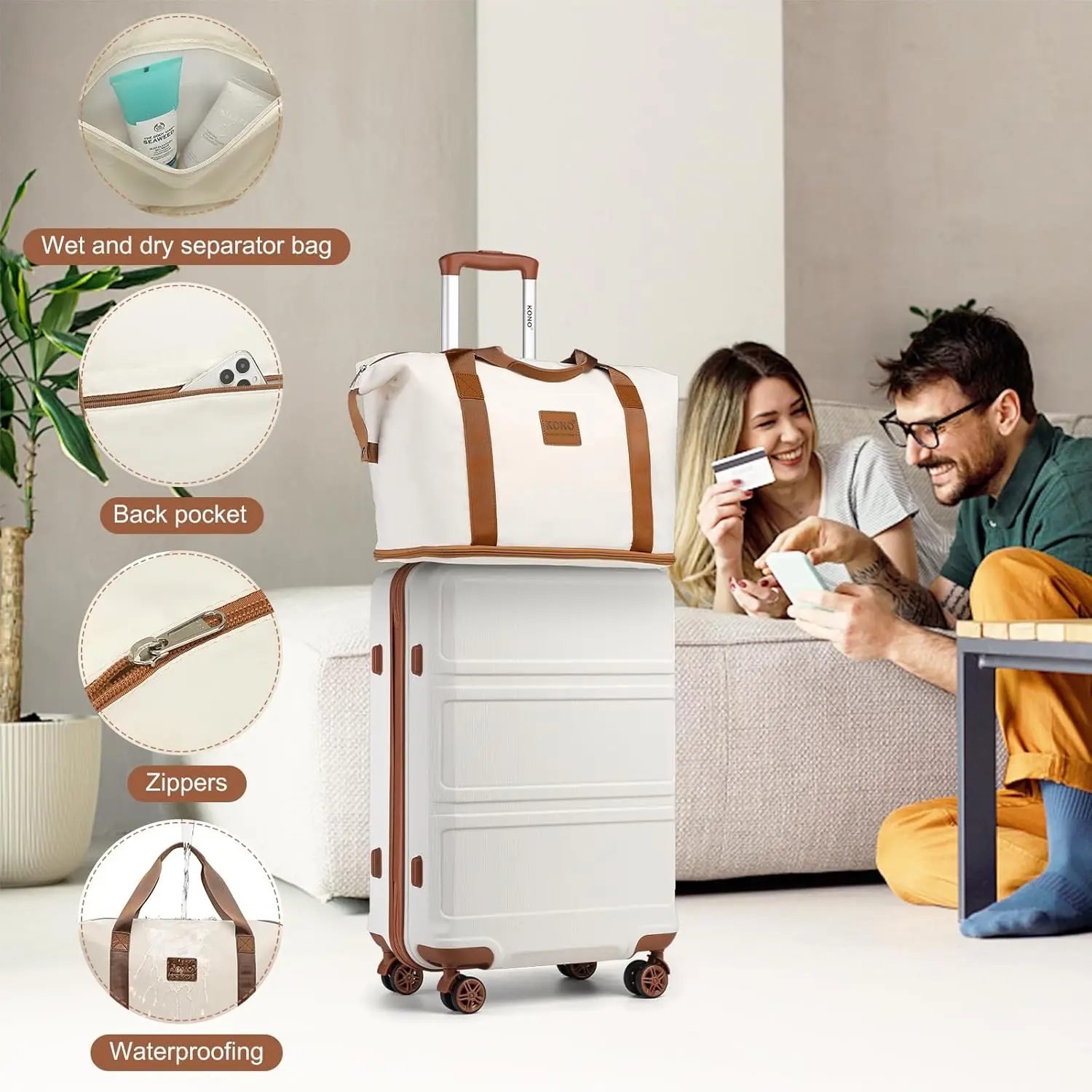Kono Valise Set Bagage rigide à main avec roulettes TSA Lock Spinner (blanc crème, ensemble de 6 pièces)