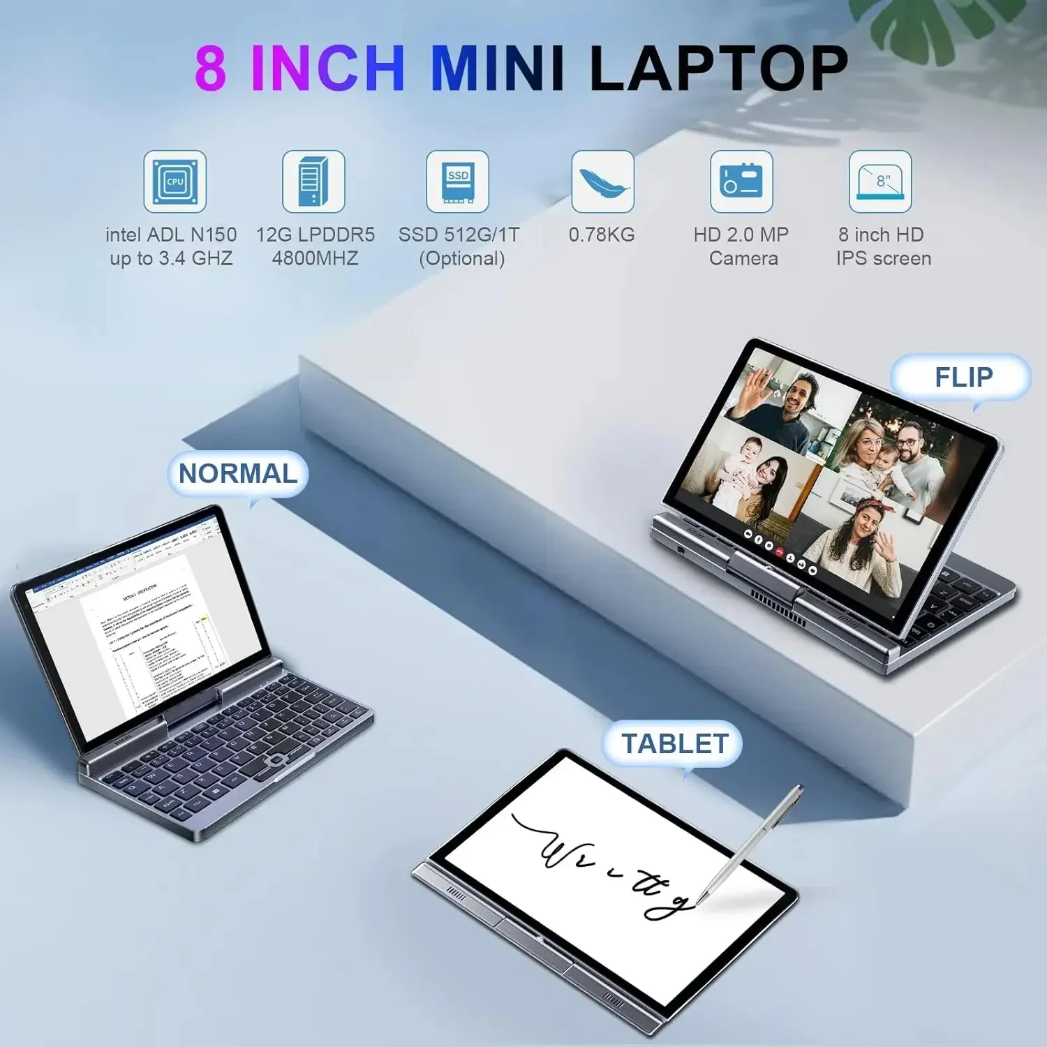 

CHWEIDA 8 Inch 2-in-1 Pocket Laptop Intel Alder Lake N150 12GB DDR5 WiFi 6 Touchscreen Tablet PC