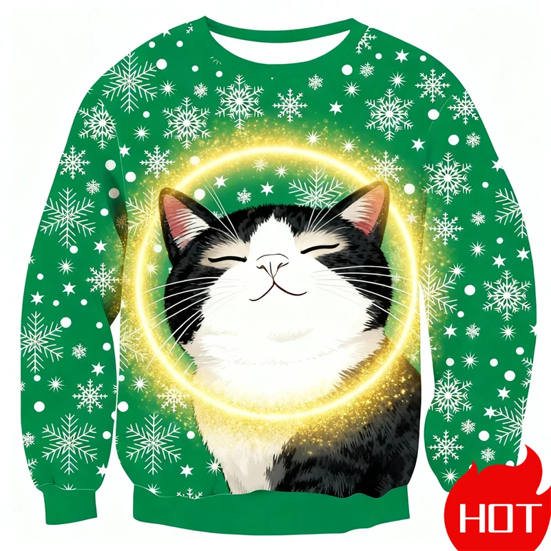 الرجال طاقم الرقبة عيد الميلاد القط البلوز ثلاثية الأبعاد الطباعة الرقمية مضحك لطيف القط تصميم مريح الرجال طويلة الأكمام البلوز 2026 جديد #1